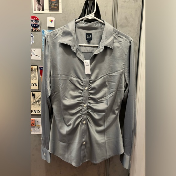 NWT Gap Satin Ruched Shirt in Storm Cloud Grey - Picture 3 of 6